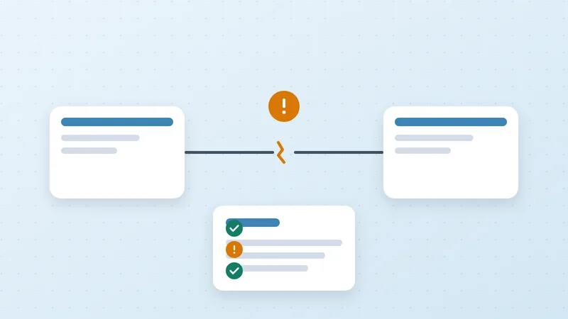Illustration of two systems with a broken connection and a checklist of test results