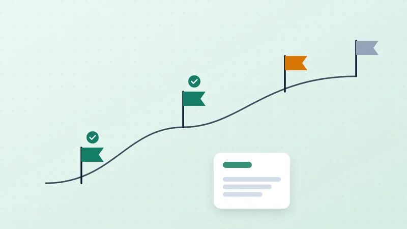 Illustration of project milestones marked with flags along a rising path, feeding a billing document
