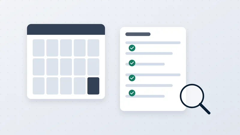 Illustration of a month calendar next to a receivables checklist and a magnifier